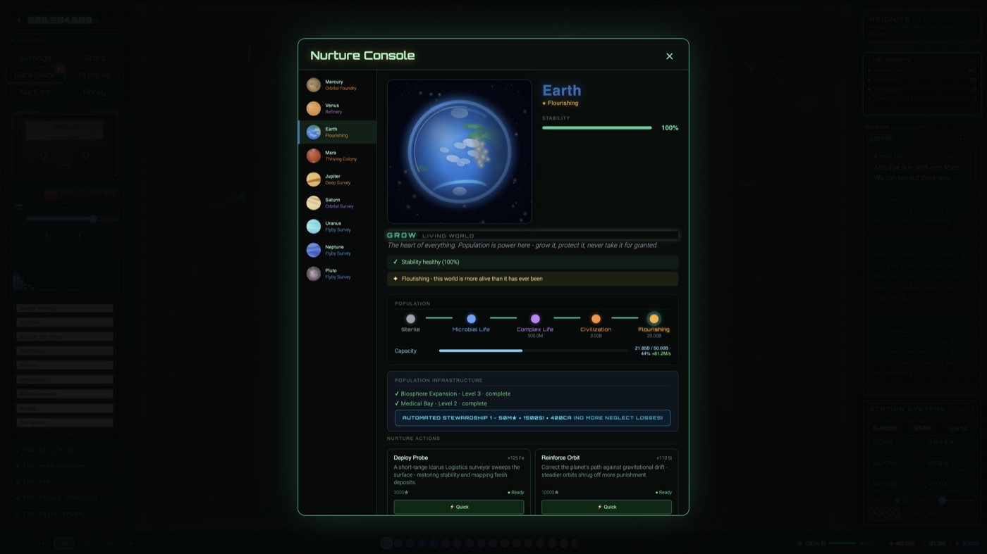 The Nurture Console showing a flourishing Earth