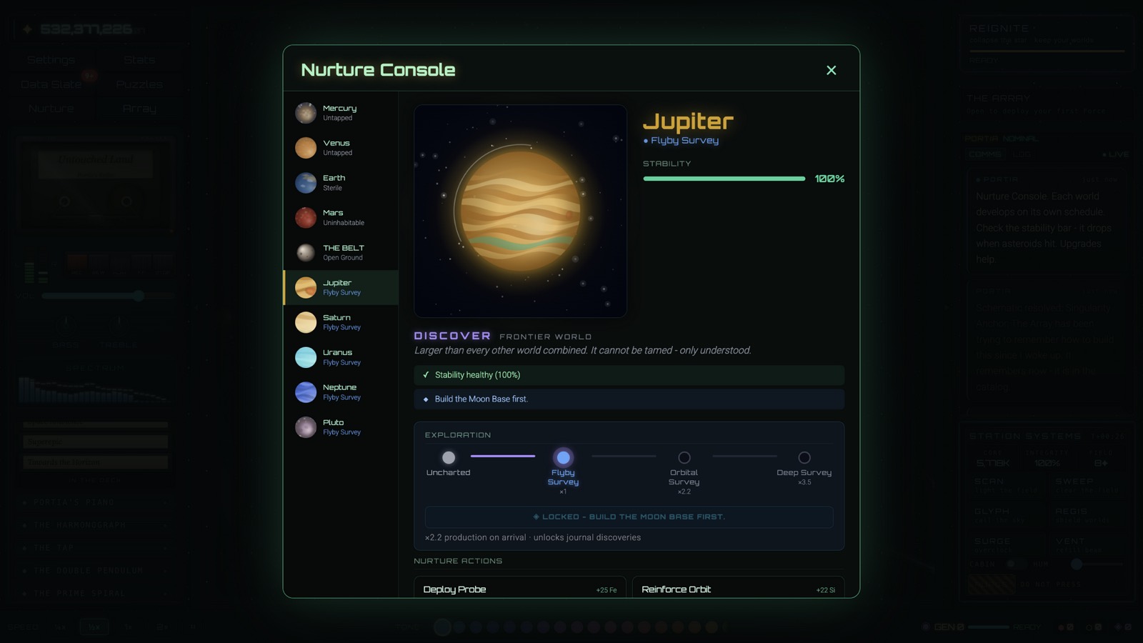 The Nurture Console open on Jupiter, every world listed with its status