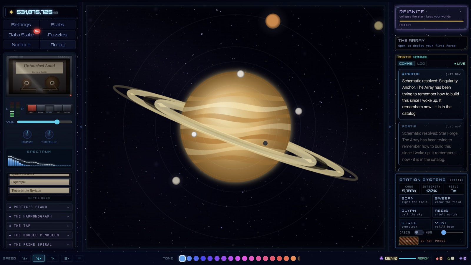 Saturn close, its rings and moons drawn live by the game