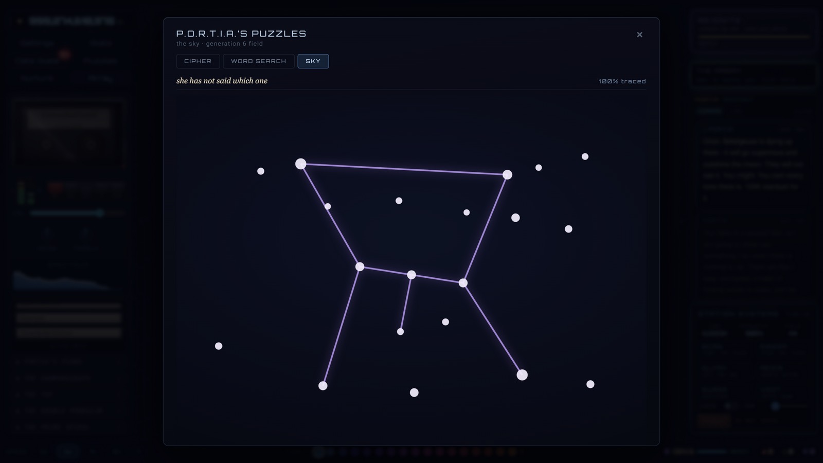 A constellation traced star by star in P.O.R.T.I.A.'s sky puzzle