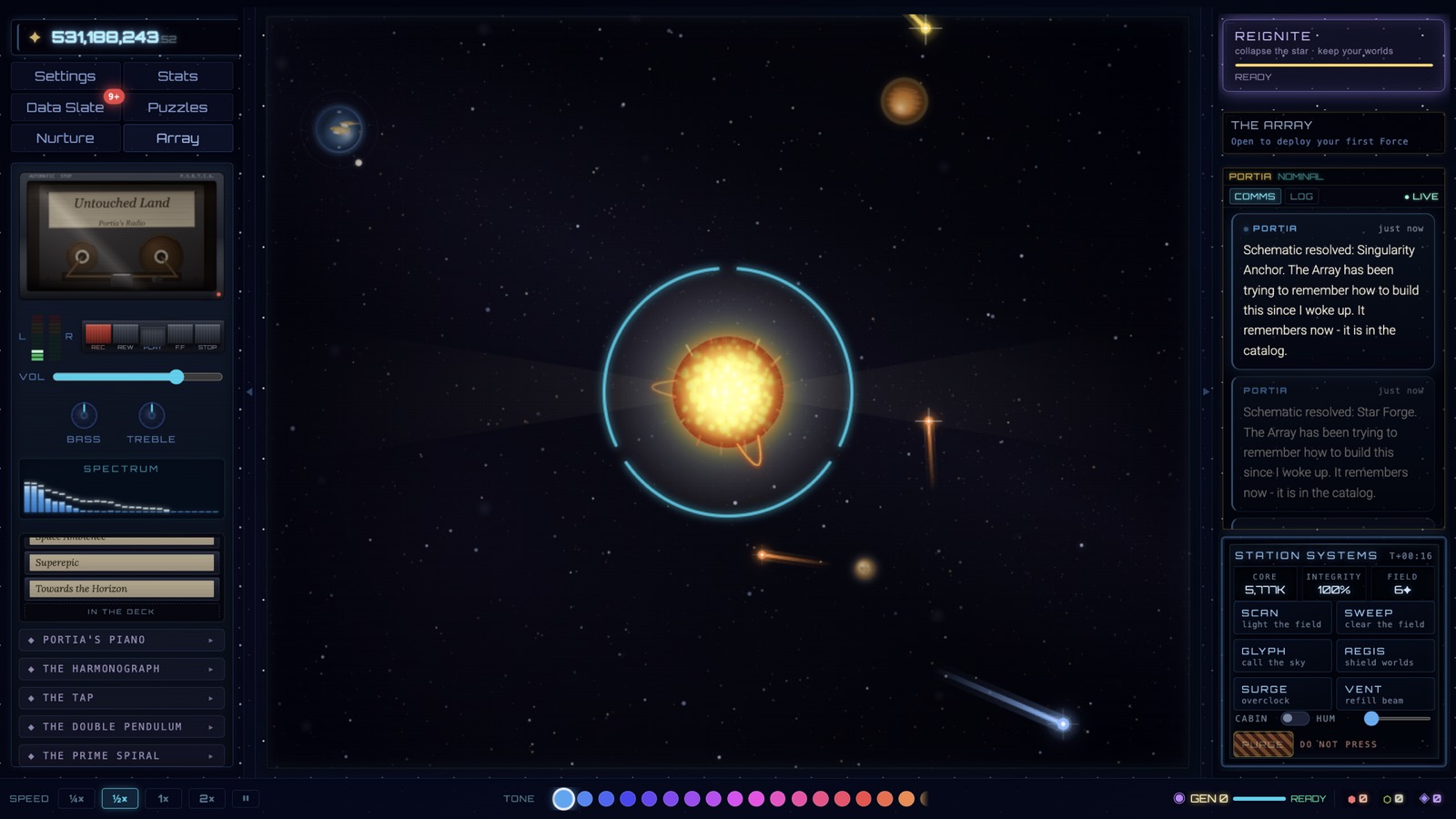The star burning inside its charge ring, comets crossing the field