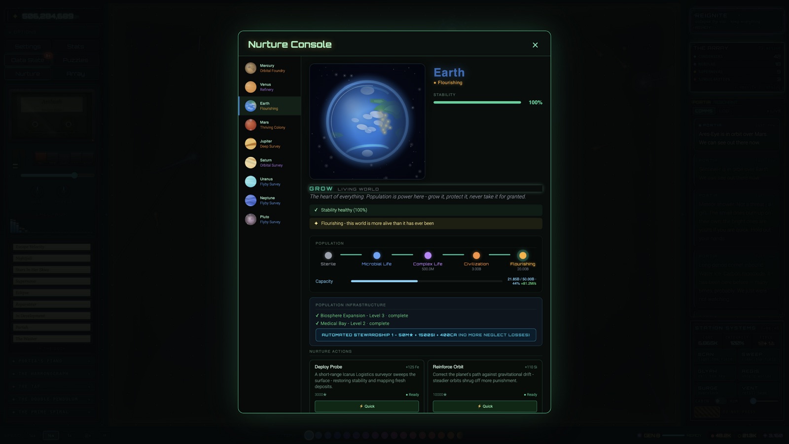 The Nurture Console showing Earth's population and infrastructure