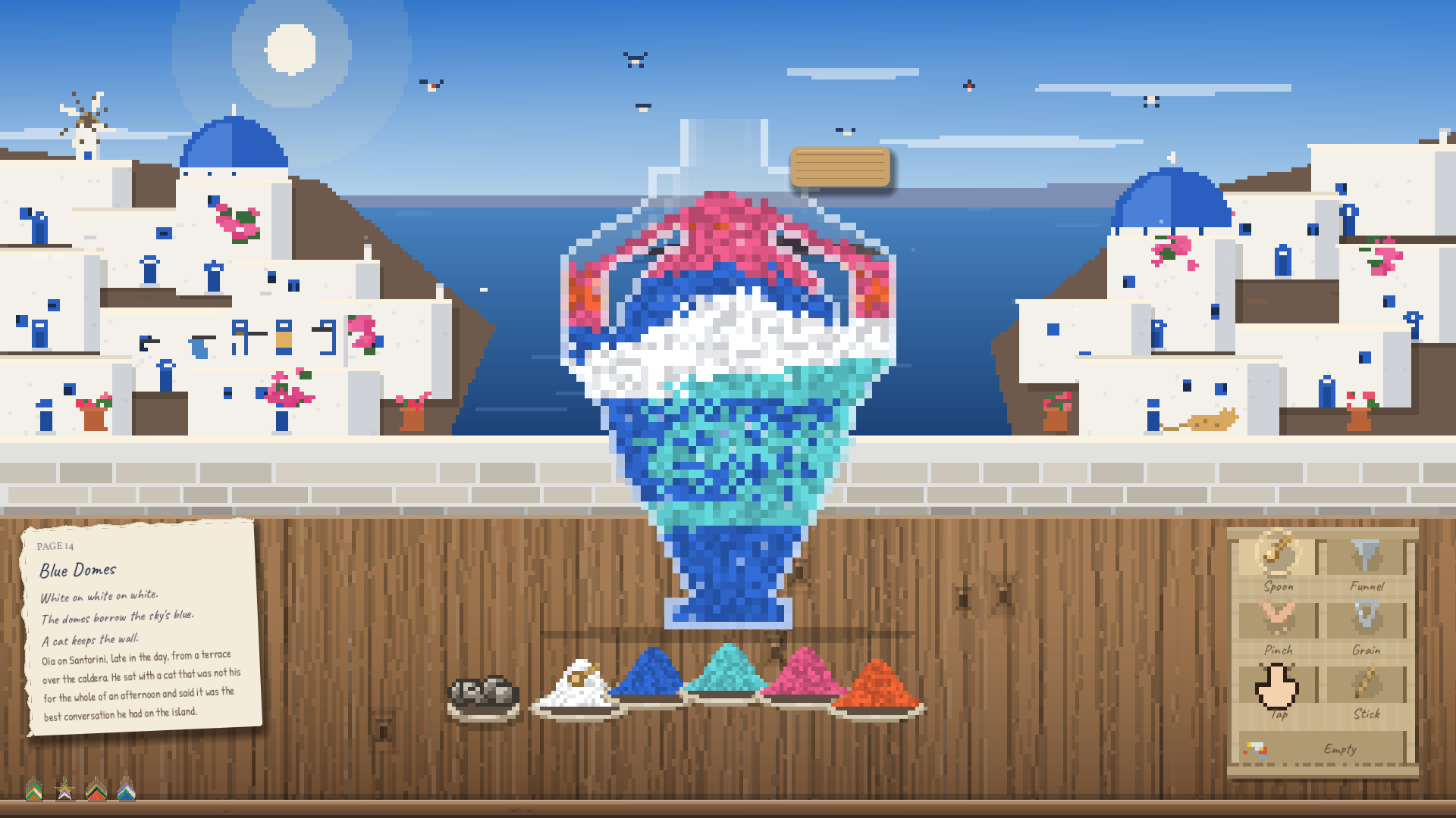 A bottle of white, blue and pink sand shaped like an arch, in front of the white houses and blue domes of Oia.
