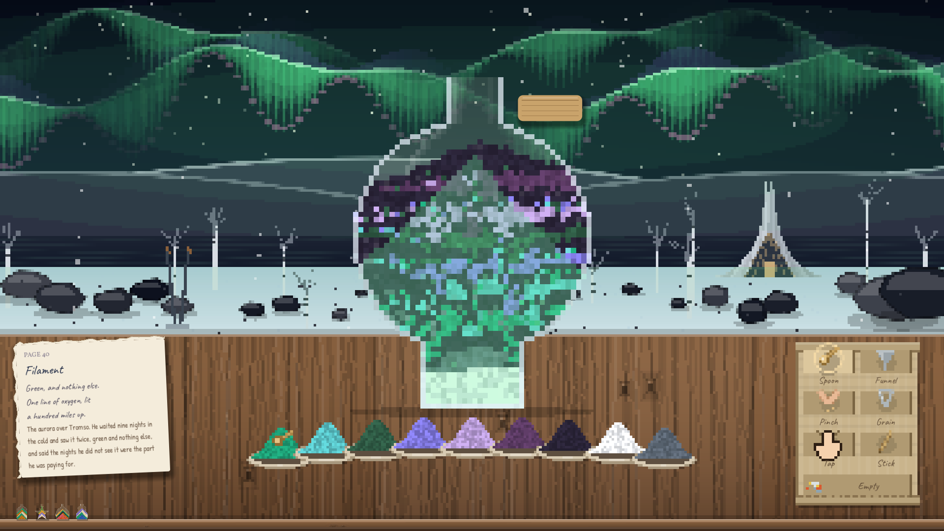 A round bottle of green and violet sand under the northern lights, over a frozen shore.