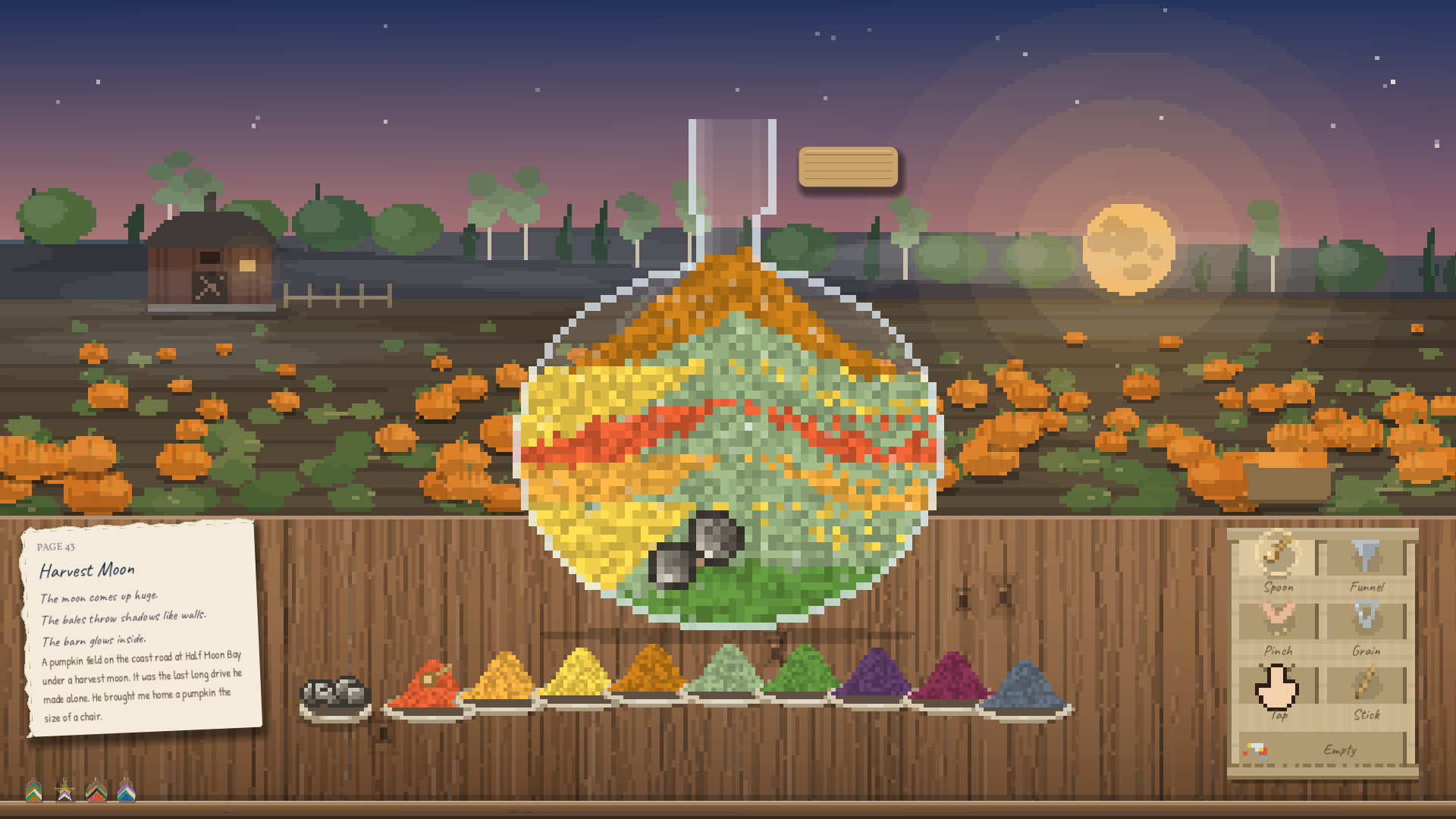 A round bottle of gold, green and orange hills of sand with two stones pressed in, over a pumpkin field under a full moon.