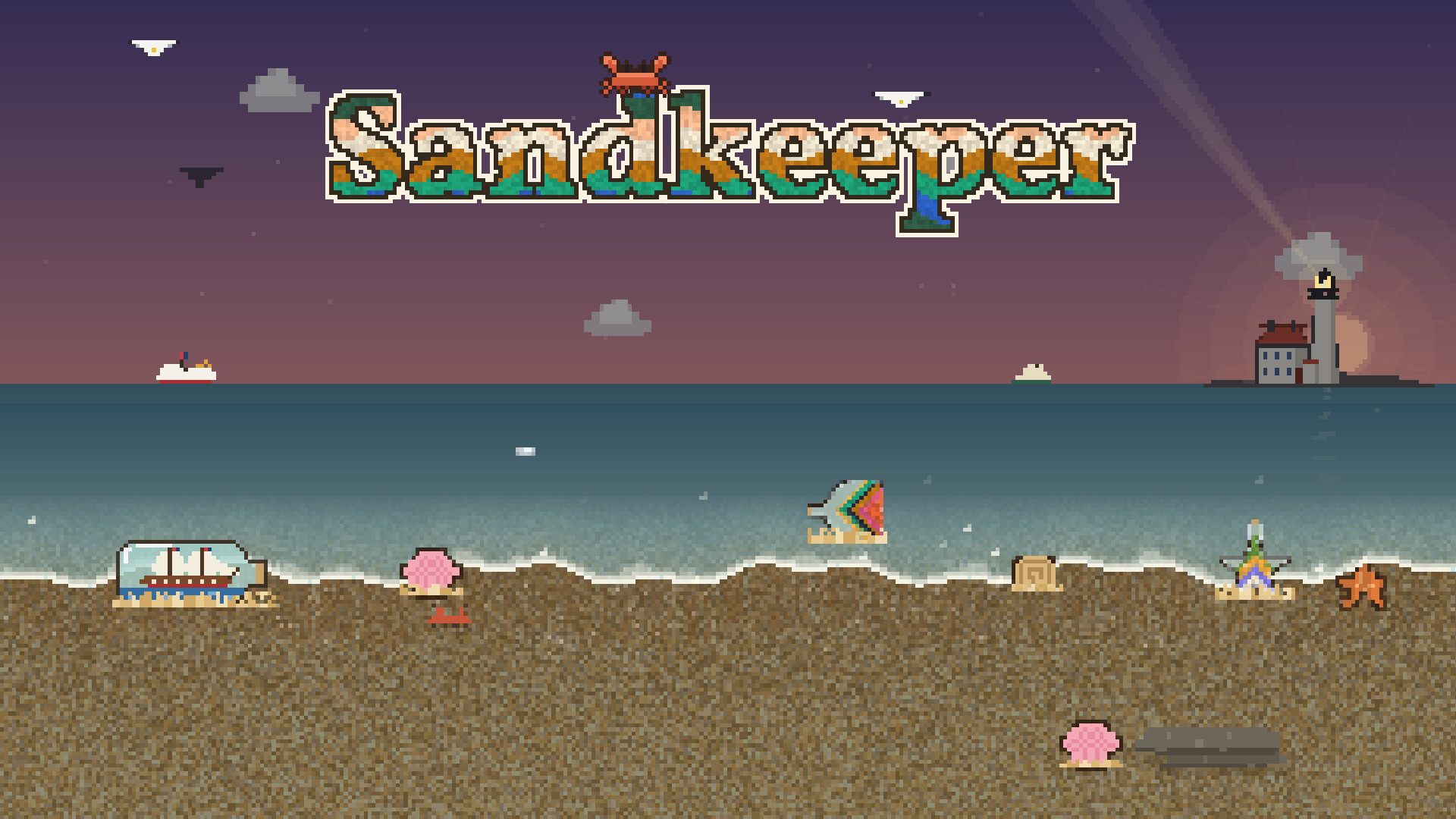 The Sandkeeper title screen: the name poured in layers of colored sand over an evening sea, with a lighthouse on the point and a bottle, shells and a starfish on the beach.
