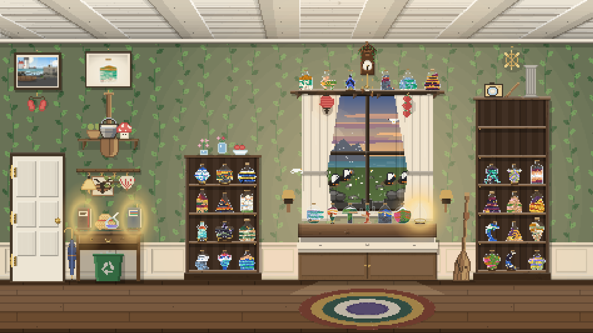 The same room papered in ivy, with bookcases half full of bottles and keepsakes on the walls.