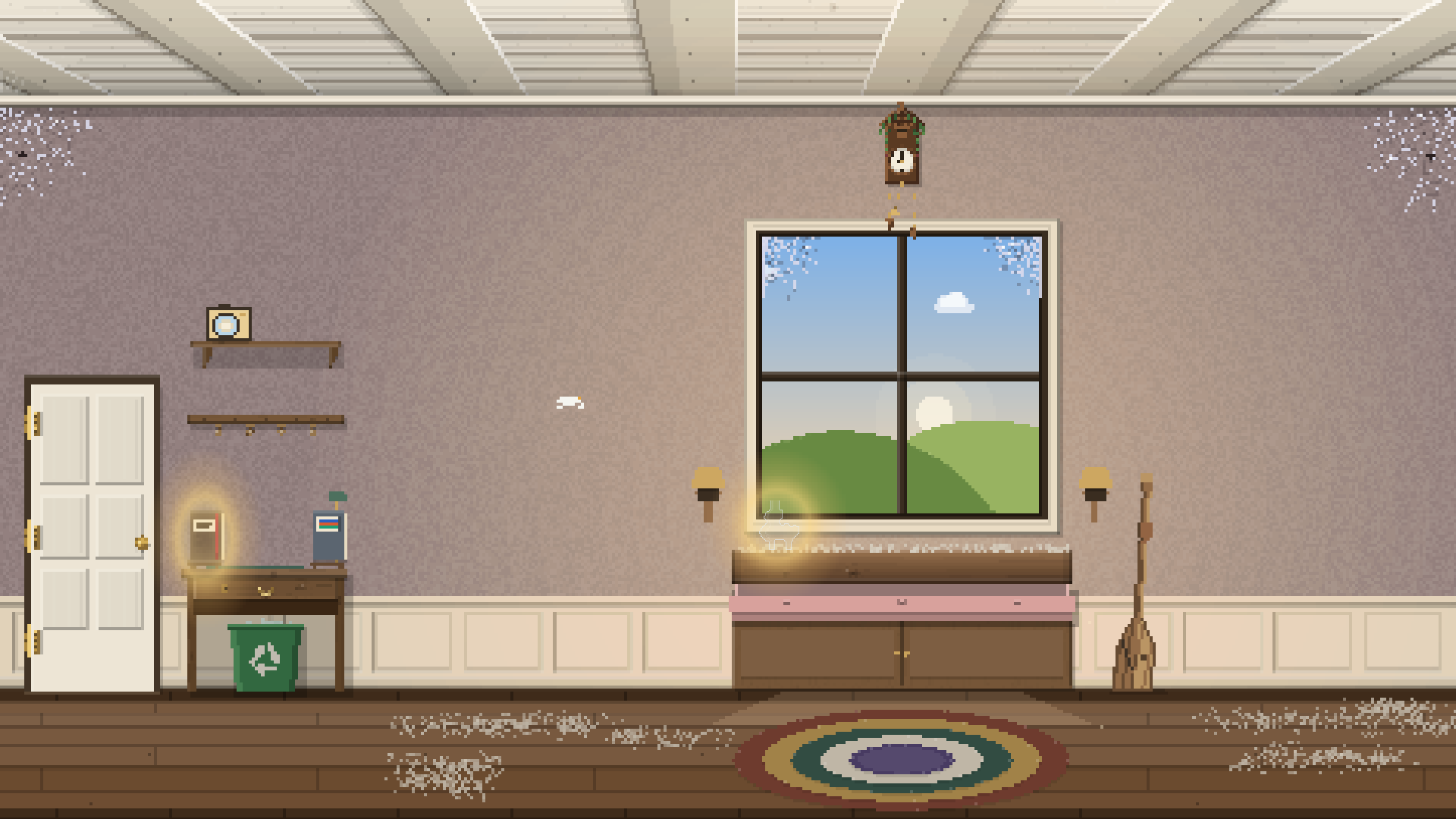 The front room as you find it: bare walls, cobwebs in the corners and dust along the floor.