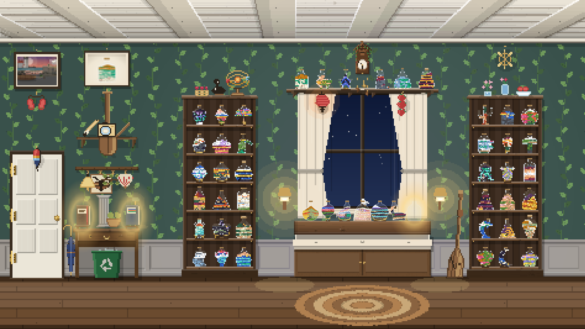 The room at night, two tall bookcases full of sand bottles and more along the window sill, the lamps lit.