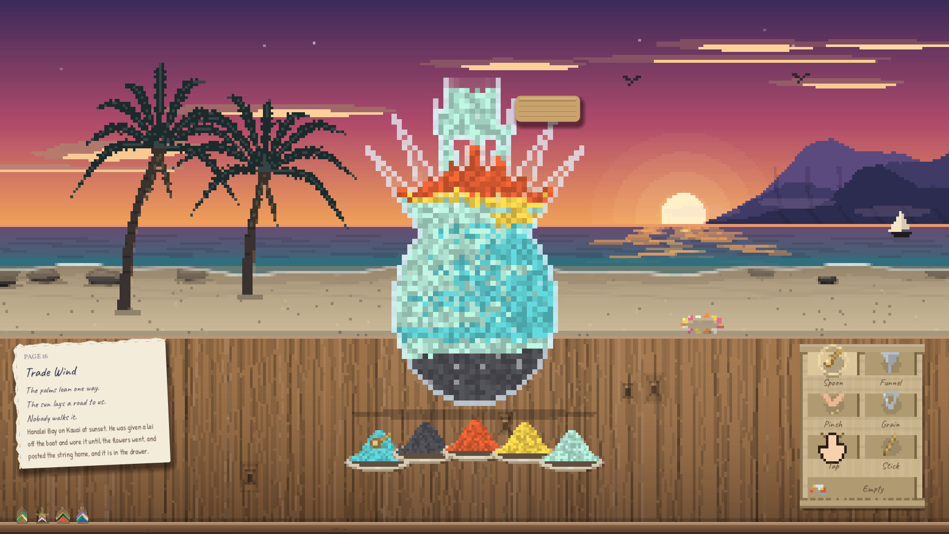 A pale blue bottle with a burst of red, orange and gold at its neck, on a beach with palms at sunset.