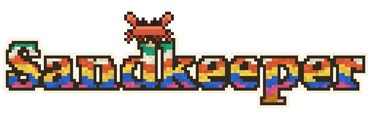 The Sandkeeper logo: the name in layers of colored sand, a small crab sitting on the d.