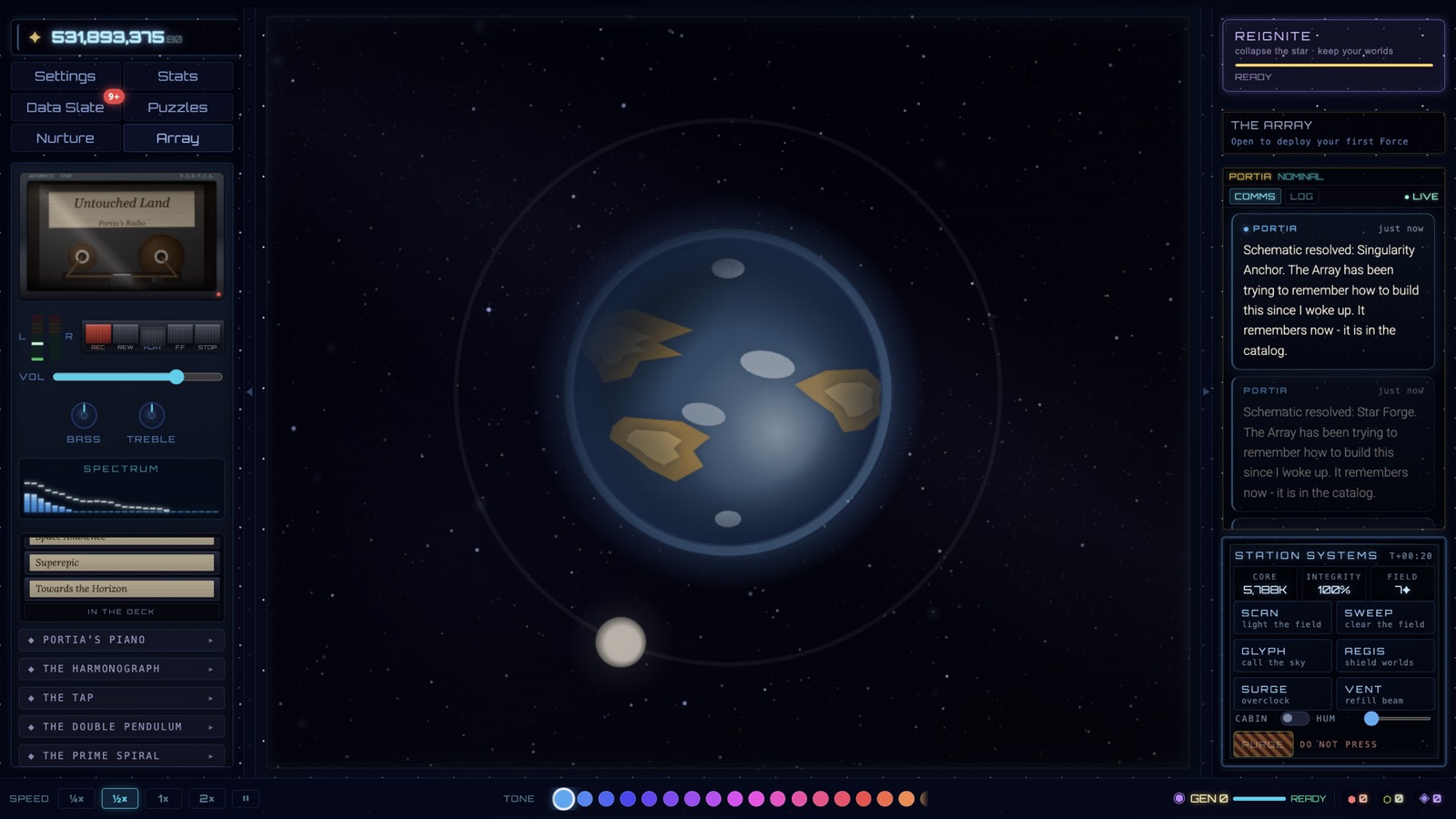 Earth alive, green continents and white cloud over blue ocean, its moon alongside
