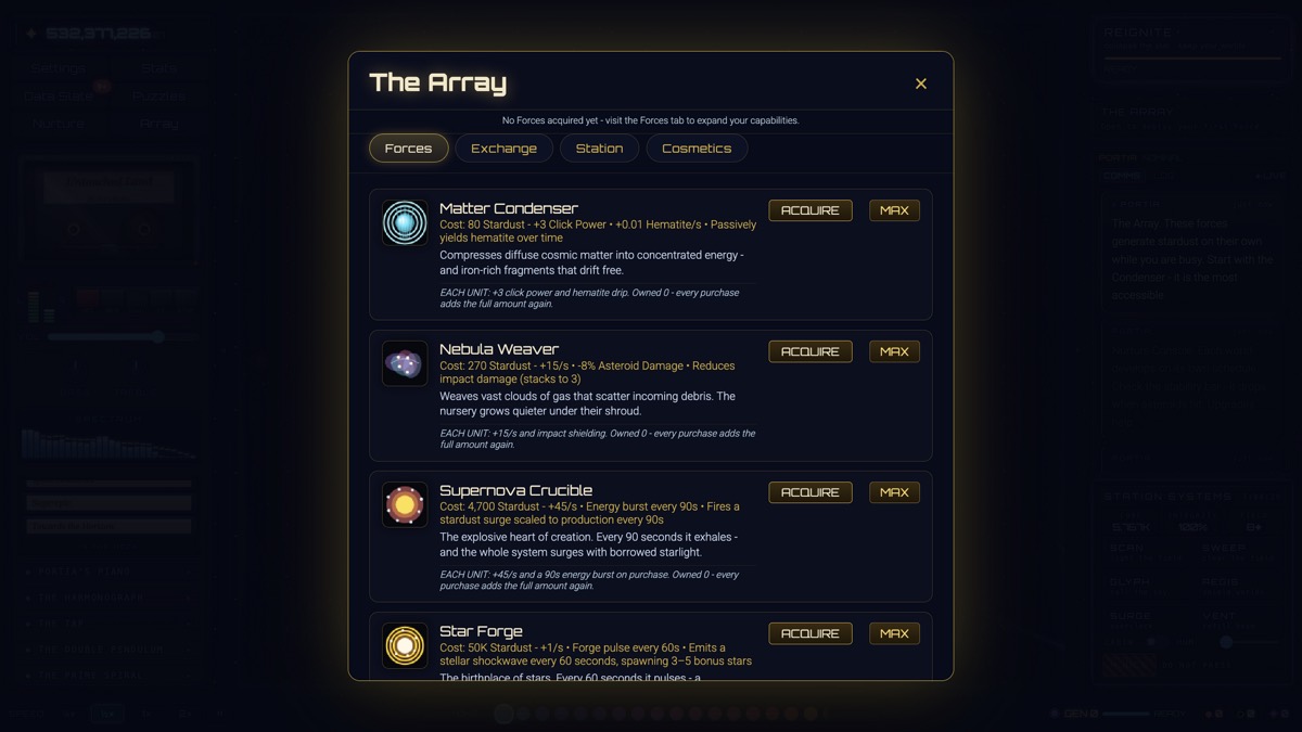 The Array, listing the Forces available to buy