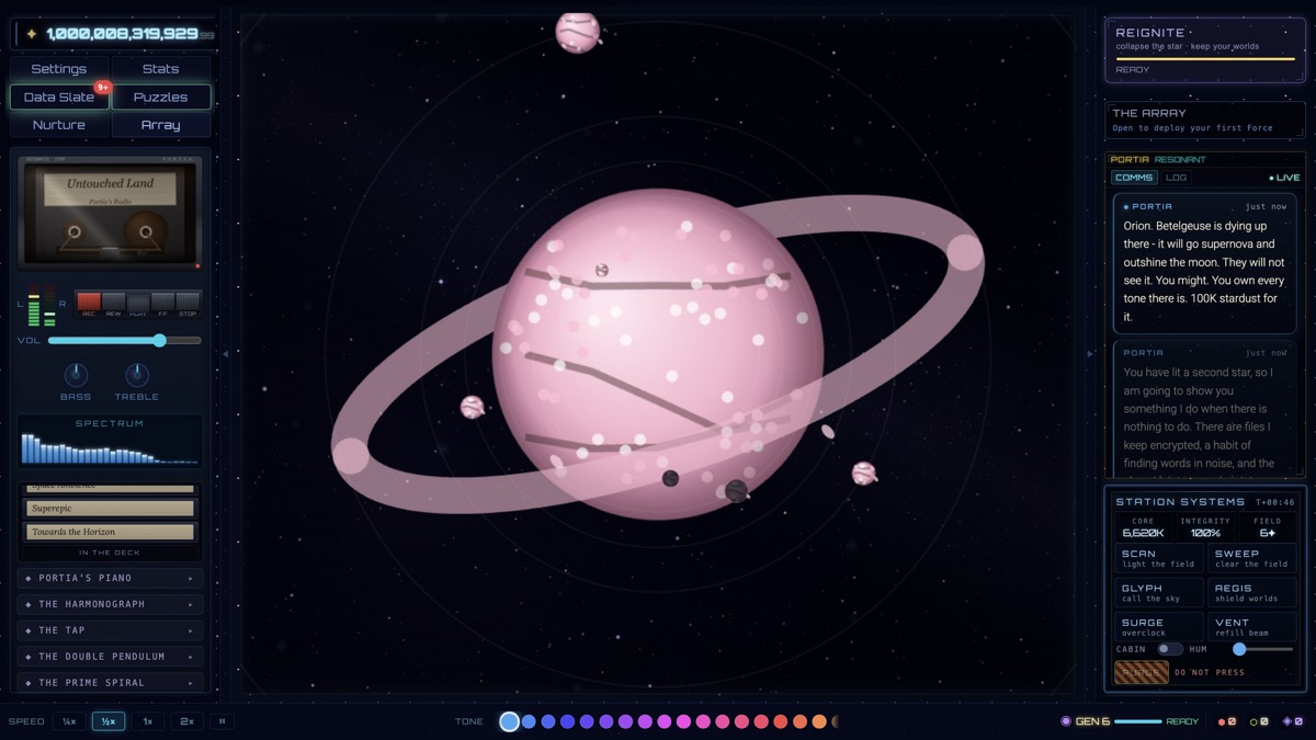 A world in the Blossom skin, pink and ringed, its moons keeping pace