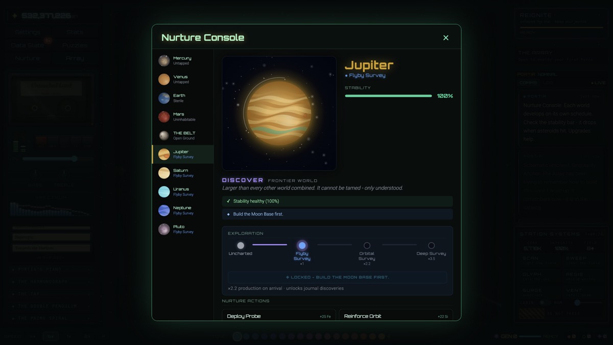 The Nurture Console open on Jupiter, every world listed with its status