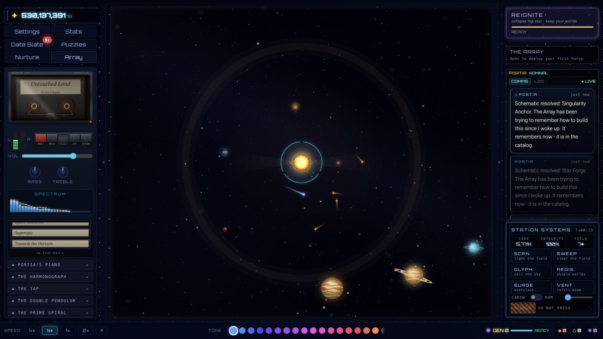 The whole solar system in one view, the radio deck and her transmissions alongside it